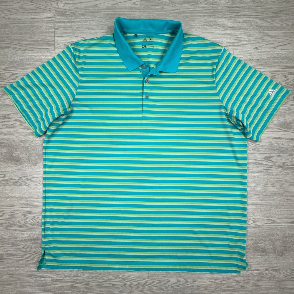 Adidas‎ Mens Polo Shirt Golf Striped Teal Green 2XL Short Sleeve Performance